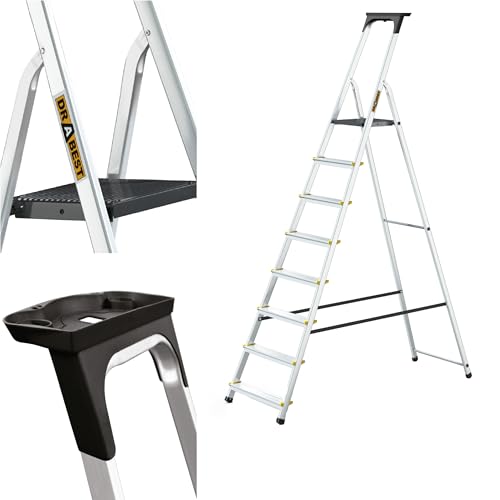 DRABEST Leiter PRO Serie Mehrzweckleiter 8 Stufen Klapptrittleiter Alu Leiter mit Arbeitsschale Stehleiter Belastbar bis 150 kg kostenloser Haken