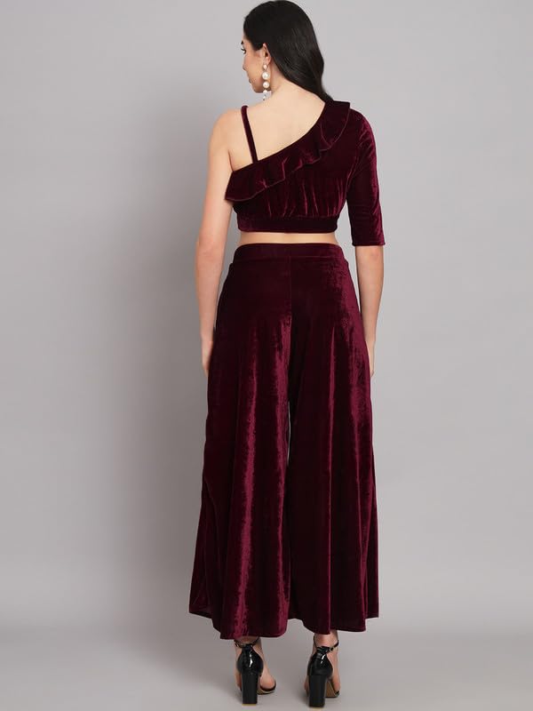 Image of Vaararo Velvet Co-Ords for Women | One Sleeve Crop Top with Palazzo Set Casual Party Dress