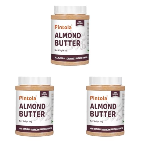 Image of Pintola Almond Butter Crunchy 1kg - All Natural Unsalted Butter, Healthy Almond Butter Unsweetened for Bread Spreads, Vegan (Pack of 3)
