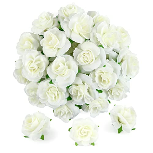 Kesoto 50pcs Ivory White Roses Artificial Flowers Bulk, 1.6\" Small Silk Fake Roses Flower Heads for Decoration, Crafts, Wedding Centerpieces Bridal Shower Party Home Decor