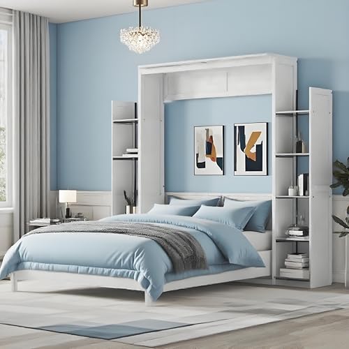 PVWIIK Queen Size Murphy Bed with 5-Tier Shelves and LED Lights,Foldable PlatformBed Vertical Wall Bedframe for Small Space,Bedroom,Living Room,White PVWIIK Queen Size Murphy Bed with 5-Tier Shelves and LED Lights,Foldable PlatformBed Vertical Wall Bedframe for Small Space,Bedroom,Living Room,White