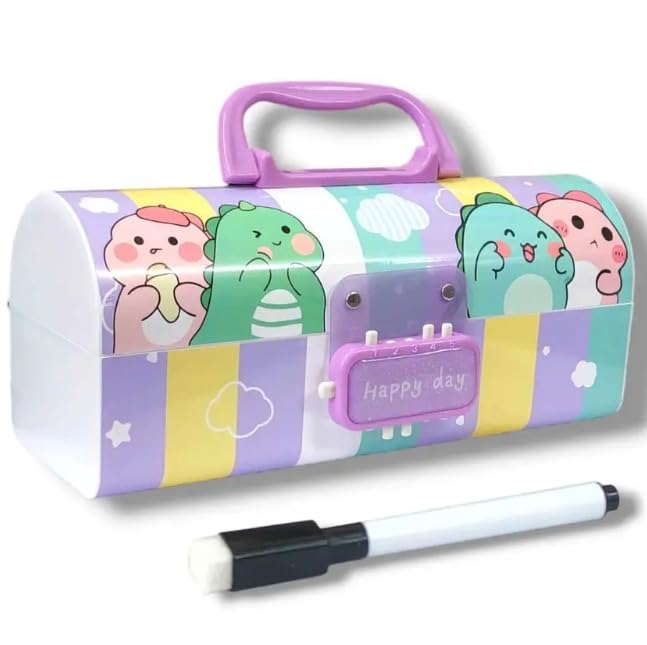 Image of WORSHIPER Cartoon Theme Pencil Box for Kids | Suitcase Style Password Lock Stationery Organizer | Multi-Layer Pen & Pencil Case for Boys & Girls (Happy Day-Dino)