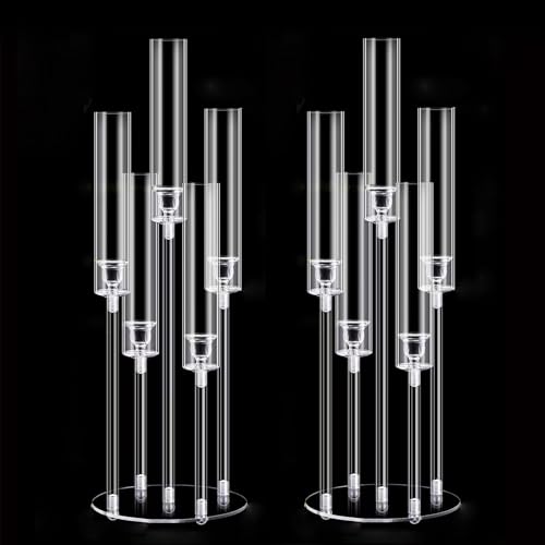 2Pcs Acrylic Candelabra Centerpieces for Wedding,Clear Crystal 5 Arm Candlesticks Holder with Acrylic Shade for Valentine's day Dinner Party Fireplace Gift Fit 0.87 LED Candle