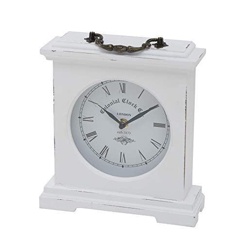 Iconic Colonial Mantel Clock, Roman Numerals, Quartz Movement, Vintage Style, Glass, White, Distressed Finish, Wood, Metal, 8 1/4 L X 2 1/2 W X 9 1/2 H Inches, 1Aa Battery (Not Included) #TOP15