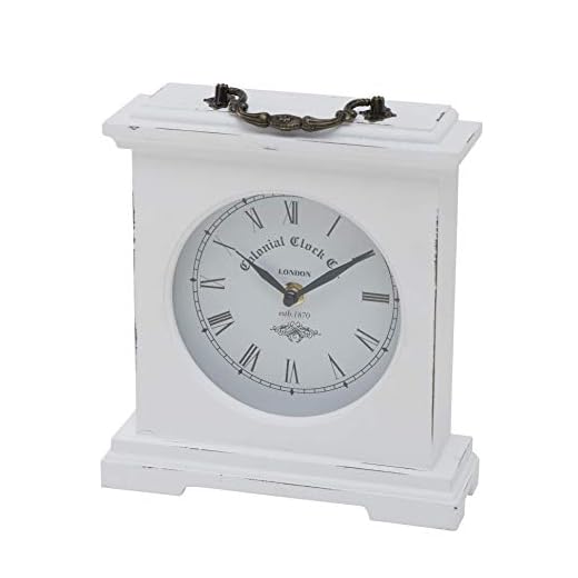 Iconic Colonial Mantel Clock, Roman Numerals, Quartz Movement, Vintage Style, Glass, White, Distressed Finish, Wood, Metal, 8 1/4 L x 2 1/2 W x 9 1/2 H Inches, 1AA Battery (Not Included)