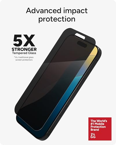 Image of ZAGG Glass Elite Privacy Screen Protector for iPhone 16 Pro - 2-Way Privacy Filter, Ultra-Strong Tempered Glass, 5X Stronger, Smudge-Free, Easy Install, InvisibleShield, Recycled Content