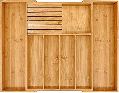Bamboo Silverware Drawer Organizer Kitchen, Expandable Utensil Holder and Cutlery Tray with Divider | 13"-21.6" Flatware Storage and Removable Knife Block
