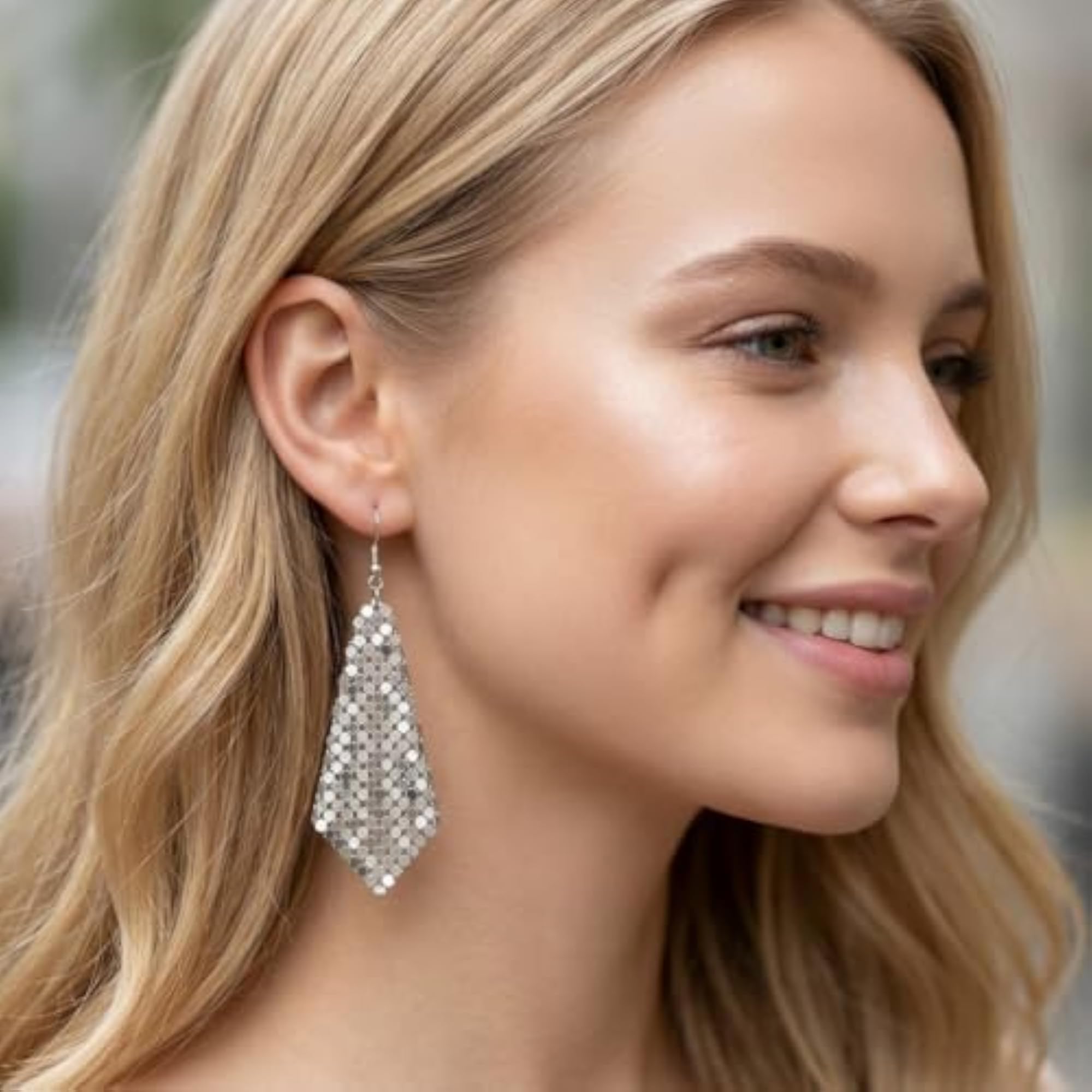 Silver Mesh Grid Style Shiny Sequins Tassel Dangle Earrings