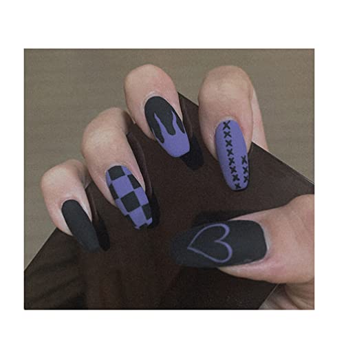 Press-On Manicure Medium Length Black Press on French Nails Glossy Long Coffin Press On Fake Nails Ballerina Nails Tips for Women and Girls (24Pcs)