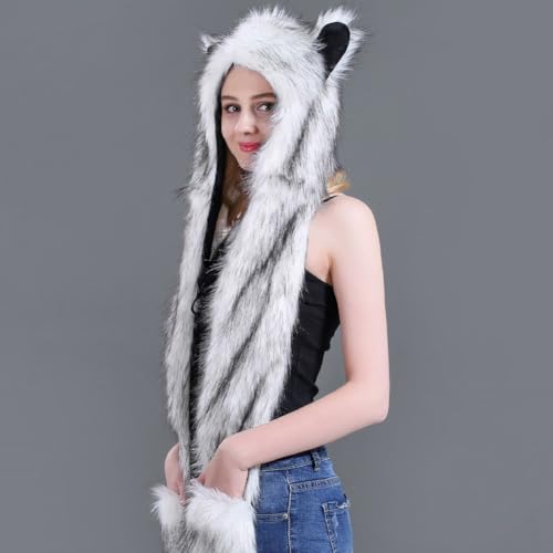 Fashion Women Hooded Scarf Hats Gloves Set 3-in-1winter Warm Animal Hat with Scarf and Gloves Hooded Fluffy Plush3