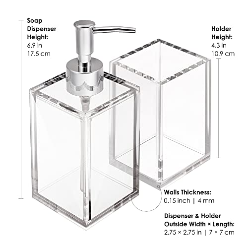 Acrylic Clear Bathroom Accessories Set, Square Bathroom Soap Dispenser And Toothbrush Holder Set, Sturdy Vanity Countertop Bath Accessories Sets For Modern Bathroom Decor | 2-Piece Accessory Set #TOP2