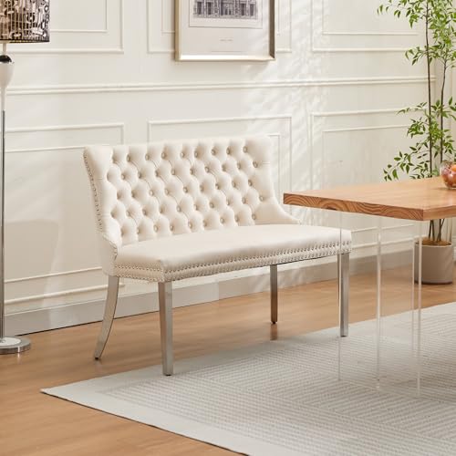 Image of 45.6''Velvet Dining Bench, Button Tufted Upholstered Dining Table Bench with Wing Highback, Nailhead Decoration, Small Loveseat Sofa with Silver Stainless Steel Legs, Mid Century Modern Seating, Beige