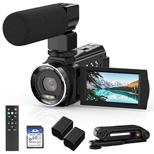 5K Video Camera Camcorder UHD 48MP 60FPS WiFi Vlog Camera for YouTube 3X Optical Zoom Camcorders with Remote Control, Handheld Stabilizer, Microphone, 2 Batteries, Large Aperture, 64 GB Memory Card