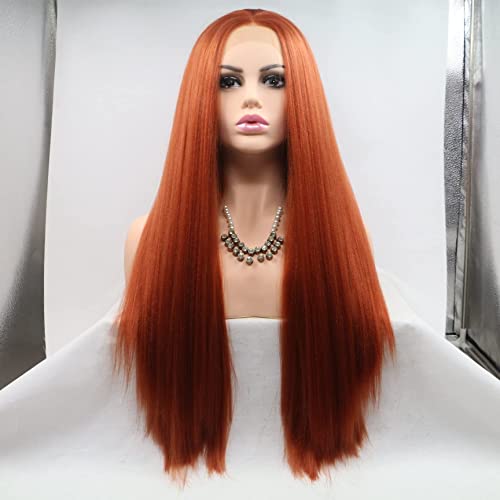 RainaHair Copper Red Yaki Straight Lace Front Synthetic Wigs Natrual Looking Flawless Hairline Wigs for Women 24 Inch