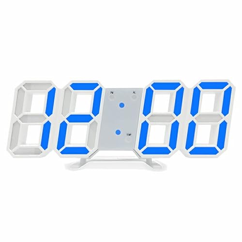 デジタル時計 壁掛け 置時計 LED 3D 数字 壁時計 掛け時計 目覚まし時計 置き時計 ホーム ベッドサイド 事務所 学校用 インテリア スヌーズ機能 高精度 輝度調整可能 壁/取付/デスク/棚用時計 温度/日付表示 (ブルーxホワイト)