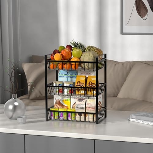 Image of 2 Tier Countertop Fruit and Vegetables Basket | Multipurpose Storage Organize Stand for Kitchen, Dining Table and Bathroom (3 Tier Black)