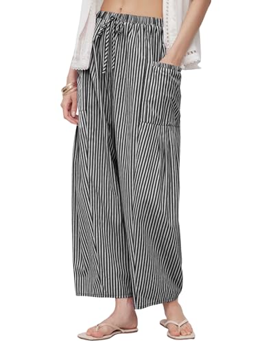 Yeokou Women Wide Leg Pants Casual Striped Cotton Mid Rise Drawstring Palazzo Trousers with Pockets
