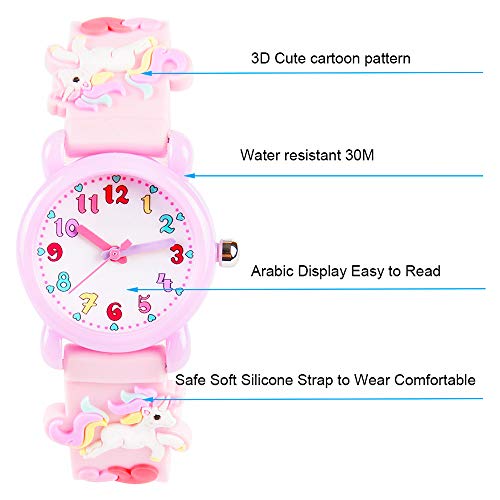 Venhoo Kids Watches 3D Cute Cartoon Waterproof Silicone Children Toddler Wrist Watch Time Teacher Birthday Unicorn Gifts for 3 4 5 6 7 8 9 Year Girls Little Child-Pink2