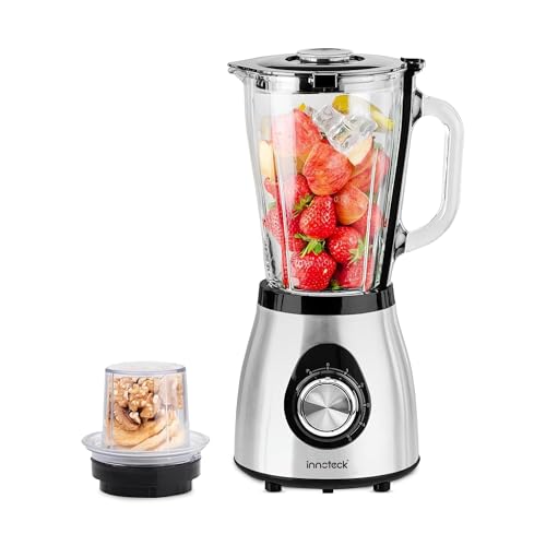 Innoteck 1.5L Food Processor & Blender with Glass Jar, 5 Speed Control, 500W Multifunctional Smoothie Maker, Bean Grinder & Spice Mill Kitchen Gadget for Juices & Milkshakes