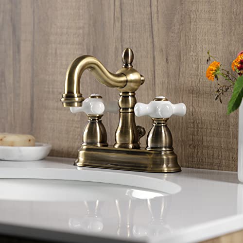 Kingston Brass KB1603PX Heritage 4-Inch Centerset Lavatory Faucet with Porcelain Cross Handle, Vintage Brass