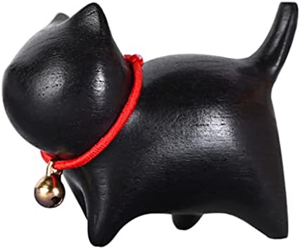 VICASKY Wooden Cat Sculpture Mini Carving Kitten Statue with Bell Lucky Cat Animal Figurine Desktop Ornament for Home Office Decor Black