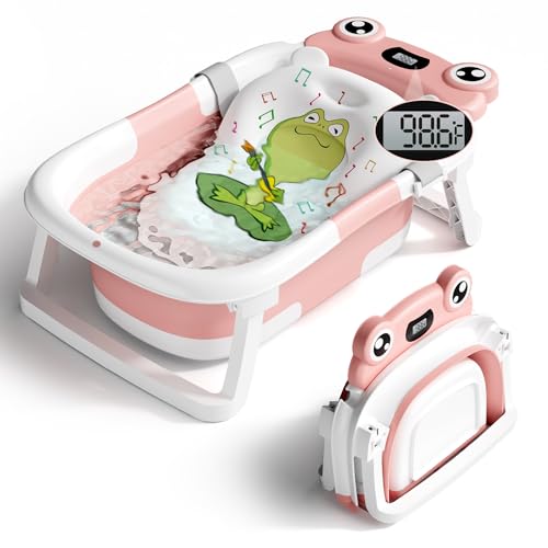 Image of BUNWAG Baby Bathtub, Collapsible Newborn Bathtub for Infant to Toddler 0-24 Months with Soft Cushion and Thermometer,Portable Travel Newborn Tub with No-Slip Feet, Baby Shower Gifts,Pink