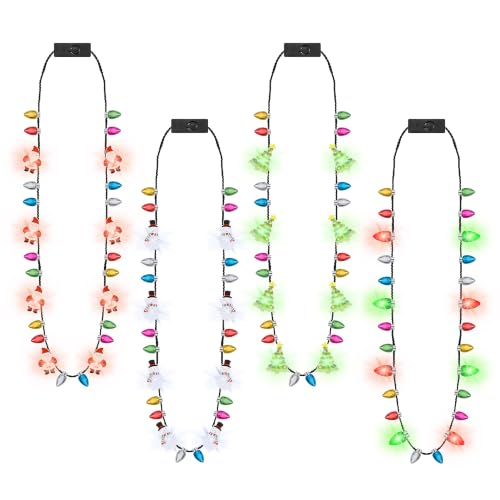 Christmas Necklace, 4PCS Light up Christmas Necklace Party Accessories | 4 Styles Light Necklace, Xmas Necklaces with Tree Santa Candy Cane Snowman, 3 Modes Ugly New Year Eve Xmas Party Supplies