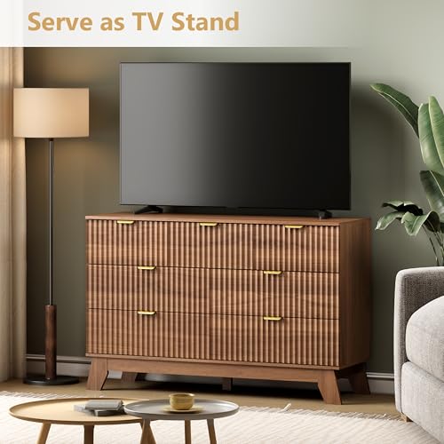 Image of Wodeer 7 Drawer Fluted Dresser for Bedroom, Mid Century Modern Wooden Dresser with 7 Drawers, Dressers & Chests of Drawers with Metal Handle, TV Stand & Storage Organizer for Entryway, Hallway, Walnut