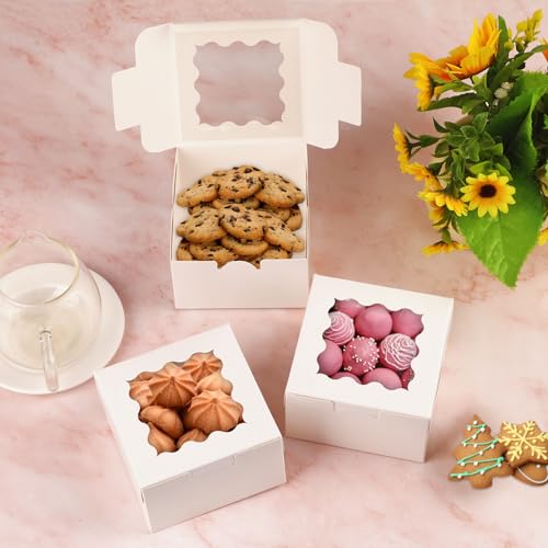 WINKIO 24pcs Cookie Boxes, 4x4x2.5 Inches Bakery Boxes with Window, Mini Cake Boxes, Treat Boxes, Dessert Boxes, Pastry Boxes for Donuts Macaroon Chocolate Candy (with Stickers)