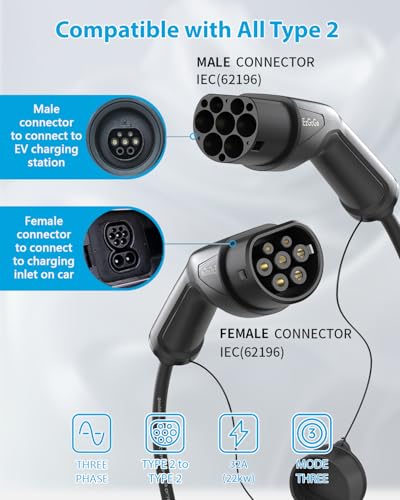 EzGoGo Type 2 Charging Cable, 32A / 22kW / 3 Phase / 8 Meter/Mode 3, Type 2 to Type 2 EV Charging Cable Facilitates Fast Charging for Electric Vehicles