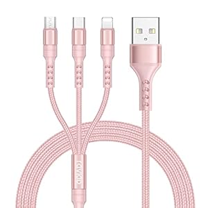 RAVIAD Multi Charger Cable, 3 in 1 Multiple Charging Cable [1.2M] Multiple USB Cable Nylon Braided with Micro USB Type C Phone Cable Connector for Phone, Android Samsung Galaxy, Huawei, LG-Pink