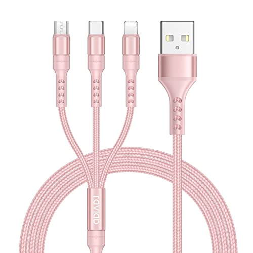 RAVIAD 3 en 1 Multi Cable de Carga 1.2M, Multi USB Cargador Nylon Cable Múltiples Micro USB Tipo C Compatible con Android Samsung Galaxy S10/S9/S8/S7, Huawei P30/P20, Redmi, OnePlus  Rosa