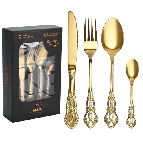 Juego de 24 cubiertos dorados de acero inoxidable – Cubiertos de plata para 6 personas con cuchillo, tenedor, cuchara, acabado espejo y apto para lavavajillas, patrón tallado