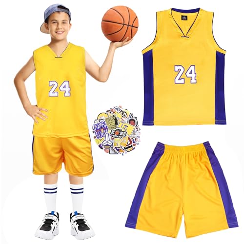 Wirhaut T-shirt de basquetebol para crianças conjunto de 2 peças, NO.24 t-shirt basquetebol criança equipamento basquetebol criança sem mangas camisolas e t-shirt e calções de basquetebol com