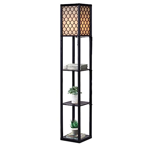 HOMASIS Lámpara de pie con estantería, portalámparas de E27 diseño industrial, lámpara de madera para salón, dormitorio,oficina, 26x26x160cm, negro (Con lengüetas de malla)
