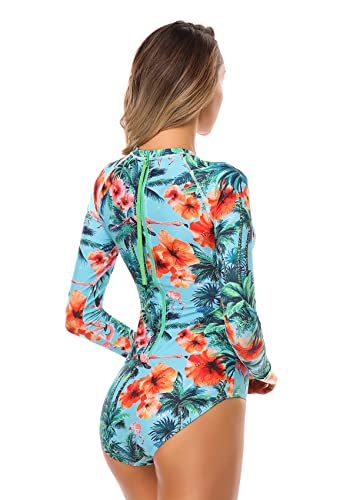 AXESEA Womens Long Sleeve Rash Guard UV UPF 50+ Sun Protection Printed Zipper Surfing One Piece Swimsuit Bathing Suit
