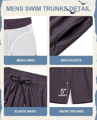 Mens 5" Vintage Swim Trunks Bathing Suits with Mesh Lining Quick Dry Swim Shorts Men Swimsuits with Zipper Pocket3