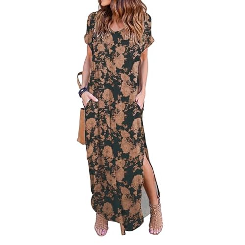 HUSKARY Women's Summer Maxi Dress Casual Loose Pockets Long Dress Short Sleeve Split Maxi Dresses Small Navy Floral