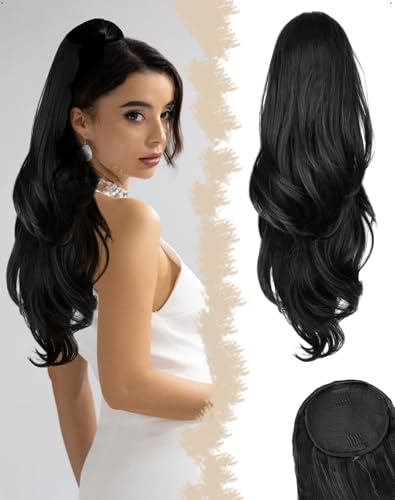 SanKristo Coda Capelli Extension con Coulisse, 66 cm Ondulata Lunga Ricci Mossi Naturale Finta Sottosquadro Posticcio Sintetico Pettine Clip Cavallo Posticci Treccia Ponytail per donna Quotidian Nero