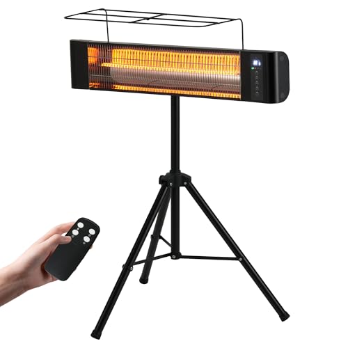 Patio Heater RealSmart Portable Electric Heater Indoor/Outdoor Patio Use Space Heater with remote 1500W high-efficiency heating Tripod 12H Timer IP65 for Backyard Garage Greenhouse