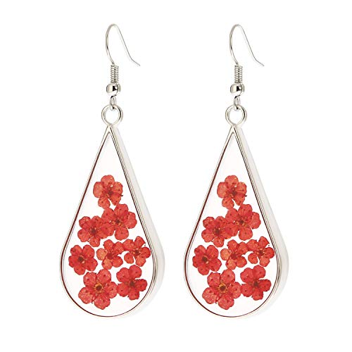 BaubleStar Pressed Dry Flower Teardrop Earrings Natural Dried Flowers Drop Dangle Handmade Silver Fashion Jewelry for Women Girls