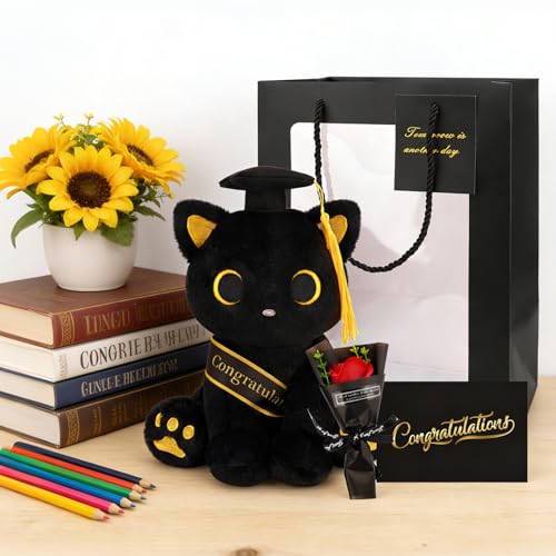 Image of 2026 Graduation Gift Set - Black Cat Plush with Soap Rose Bouquet & Card, Class of 2026 Stuffed Animal for Her, Him & Kids, High School College Graduate