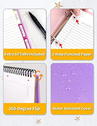 Sunee 5 Subject Notebook College Ruled - 300 Pages, 8.2"X10.8", Spiral Lined Notebook With 5 Pocket Colored Dividers, 3-Hole Punched Paper, Purple Notebooks For School Supplies, Home & Office, Writing Journal #TOP4