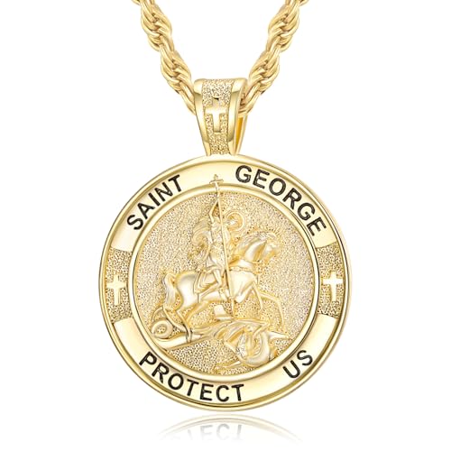 Fathers Day Jewelry Gifts St George Medal 14K Gold Plated Saint George And The Dragon Necklace Medalla De San Jorge Protection Jewelry Confirmation First Communion Necklace Catholic Christian Religious Gifts for Men by WYUESGU - Used condition - US$52.34