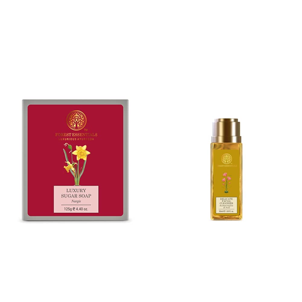 Forest essentials Luxury Sugar Soap Nargis 125 gms & Forest Essentials Delicate Facial Cleanser, Saffron and Neem, 50ml