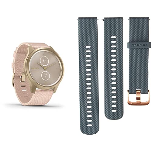 Garmin vivomove Style, Hybrid Smartwatch with Real Watch Hands and Hidden Color Touchscreen Displays, Gold with Pink Woven Nylon Band & Quick Release Band, 20mm, Granite Blue with Rose Gold Hardware