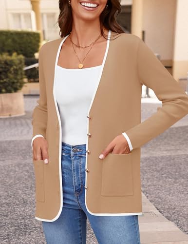 ZESICA Women's Fall Fashion Cardigan Sweaters Long Sleeve Button Open Front Color Block Coatigan with Pockets2