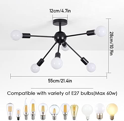 XEMQENER 6-Light Sputnik Ceiling Light, Modern Black Chandelier, Semi Flush Mount Pendant Lighting for Living Room, Bedroom, Dining Room, E27
