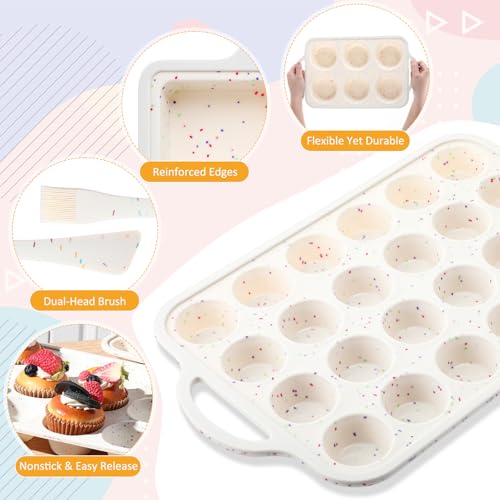 Yiyiring 7 Pcs Silicone Baking Pan Set with 4 Molds (Loaf, Muffin, Mini Muffin, Round), Spatula, Dual-head Pastry Brush Oven Mitts Nonstick for Cupcakes Brownies Bread, Confetti Design
