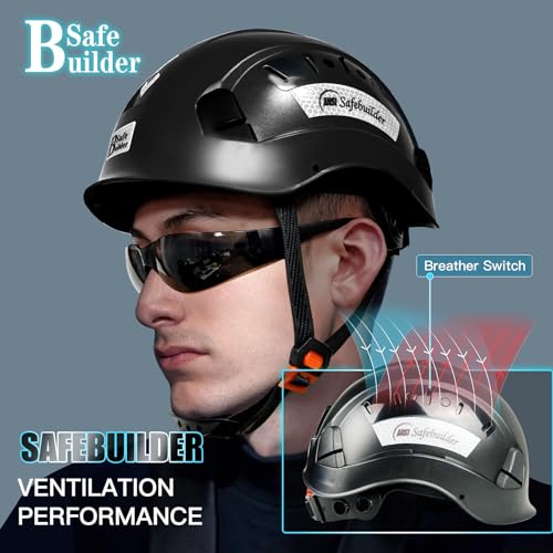 SAFEBUILDER Safety Hard Hat for Engineer Vented ABS Construction Hardhats Lightweight Safety Helmet for Men & Women Industrial Adjustable Ratchet 6-Point Suspension ANSI Z89.1 (Black Hard Hats)